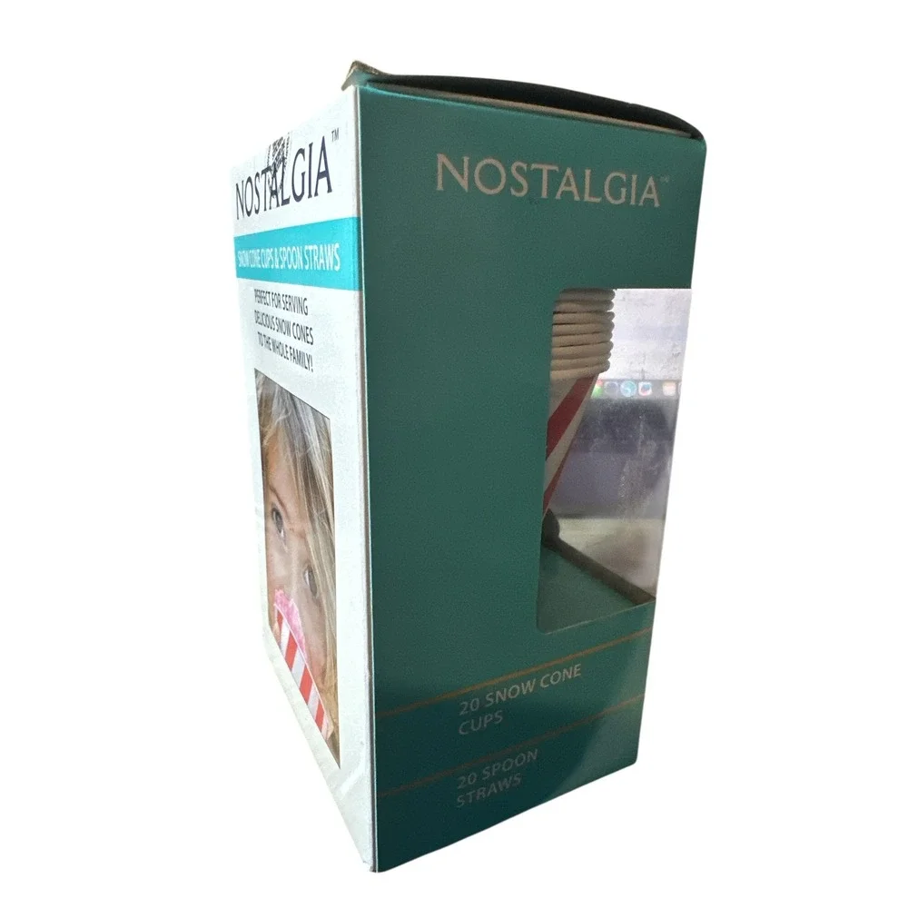 Nostalgia Snow Cone Cups x‎ 20 & Spoon Straws x 20 Shaved Ice New in Sealed Box